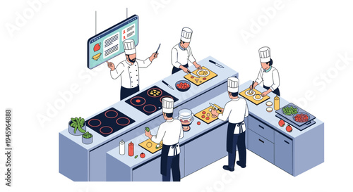 Team of professional chefs in white uniforms preparing various dishes in a modern commercial kitchen with stoves and food preparation areas.