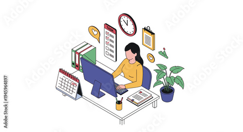 Woman focused on office work at her computer desk surrounded by floating task lists calendars and productivity icons in isometric style.