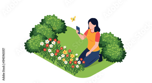 Young girl kneeling in a flower garden and taking a photo of a yellow butterfly with her smartphone in a peaceful outdoor setting.