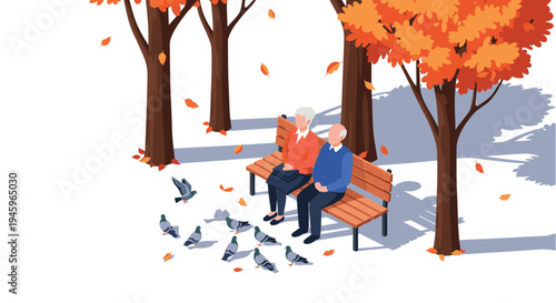 Peaceful elderly couple sitting on a wooden bench in an autumn park surrounded by falling orange leaves and a flock of pigeons.