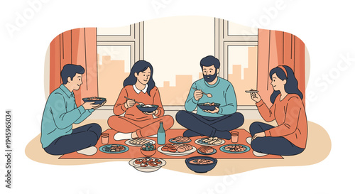 Group of friends or family members sitting on a rug and enjoying a traditional dinner together in a warm and friendly home environment.