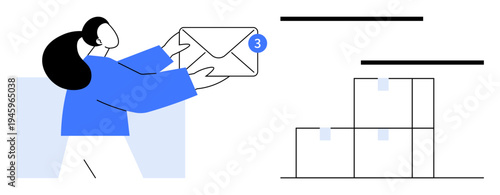 Woman holding envelope with notification badge beside neatly stacked boxes. Ideal for communication, productivity, email services, notifications, delivery systems, time management, simple flat