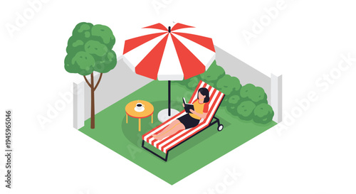 Relaxed woman reading a book while lying on a sun lounger under a red and white umbrella in her private green garden with coffee.