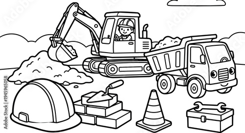 Black and white construction site vector art with excavator operator dumping soil into truck smiling safety helmet bricks cone and toolbox