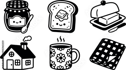 Cute black and white kawaii style toast honey butter house steaming tea and checkered blanket vector art set with smiling faces