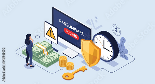 Concerned businesswoman facing a ransomware attack on her computer with a locked screen demand for money and time pressure icons.