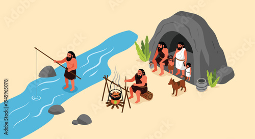 Prehistoric family of cavemen living by a river with activities like fishing cooking on a fire and resting near their stone cave home.
