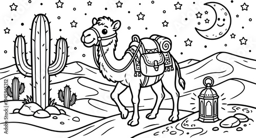 Black and white line art desert scene with smiling camel carrying saddlebags under starry sky and crescent moon in night landscape
