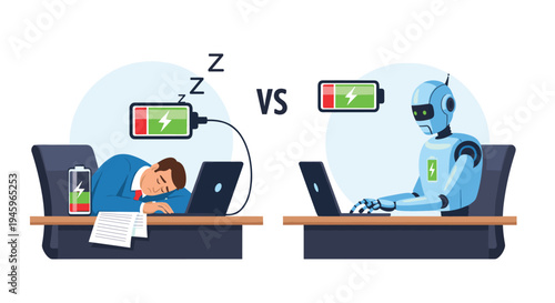 Comparison between tired office employee with low battery and productive robot with full energy working on laptop at desk.