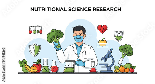 Nutritional science researcher in lab coat holding broccoli surrounded by fresh vegetables and scientific equipment for healthy diet study.