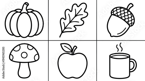 Minimalist black line art autumn pumpkin oak leaf acorn mushroom apple and steaming coffee cup icons set