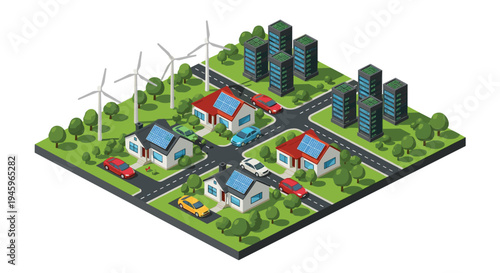 Sustainable smart city with wind turbines solar panels on houses and green spaces promoting renewable energy and eco friendly living.