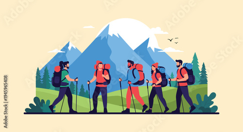 Diverse group of hikers with backpacks and walking sticks trekking through green hills with snow capped mountains in background.