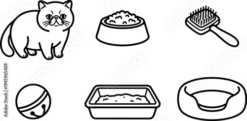 Minimalist line art cat with food bowl brush bell litter tray and pet bed icons set for cat care and grooming vector illustration