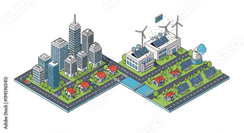 Modern city layout connected to renewable energy plants with wind turbines and solar farms promoting sustainable urban development.
