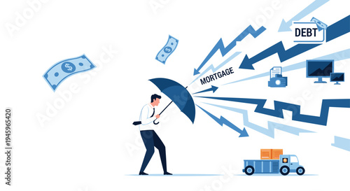 Businessman using umbrella as shield against falling financial arrows labeled debt and mortgage representing economic crisis management.
