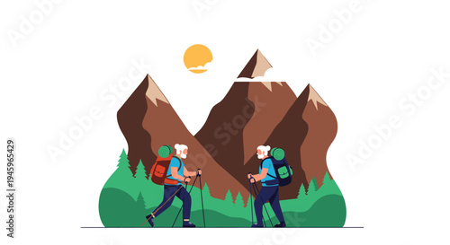 Active elderly couple with backpacks and trekking poles hiking in beautiful mountain landscape under sunny sky for healthy aging.
