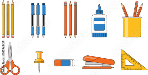 Stationery icon set, pencils, pens, glue, scissors, stapler, ruler, eraser, push pin, office supplies, school tools vector illustration