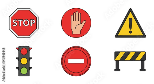 Collection of colorful traffic and warning signs isolated on white