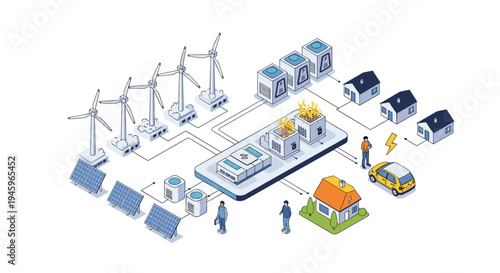 Complex sustainable energy grid featuring solar panels wind turbines and data centers providing clean power to residential neighborhood.