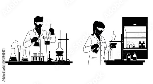 Scientists conducting experiments in a laboratory setting with glassware