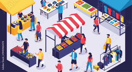 Large group of people shopping at diverse outdoor market with stalls selling fresh produce clothing and various household goods.