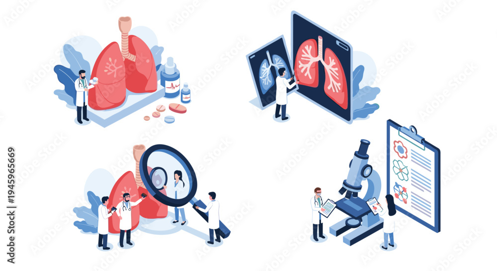 Fototapeta premium Medical professionals and doctors analyzing lung health and respiratory system using x-ray microscope and patient reports in clinic.