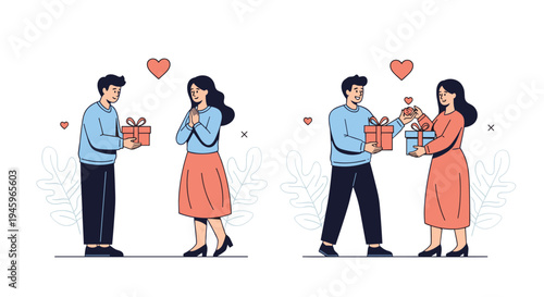 Happy couples exchanging gifts and hearts for Valentines Day celebration representing love romance and emotional bond in relationship.