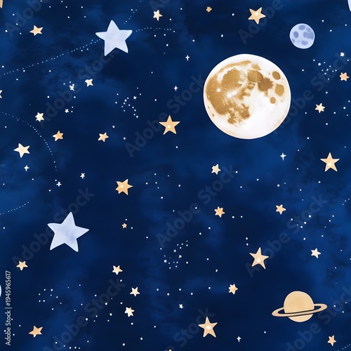 Star Filled Night Sky with Moon and Distant Planets on Deep Blue Cosmic Background, Magical Celestial Space Landscape with Sparkling Stars