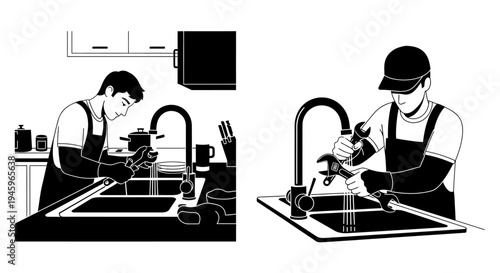 A plumber repairs a kitchen sink using tools in a domestic setting