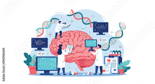 Team of scientists and doctors researching human brain health and functions in modern medical laboratory with monitors and DNA.