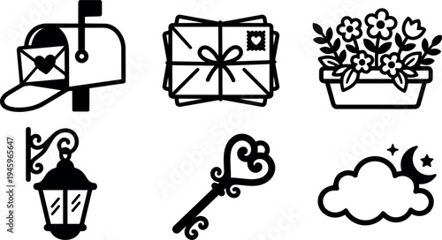 Black outline vector icons of mailbox with love letter florist flower pot street lamp ornamental key crescent moon and cloud night design