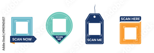 Set of QR code scan badges and stickers with call to action messages. Flat vector UI elements for smartphone scanning, digital interaction and website navigation