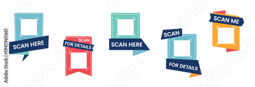 QR scan call-to-action labels collection with frames and badges. Scan here, scan now and scan me QR code elements. Modern minimal vector templates for mobile apps and websites
