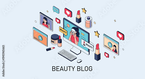 Beauty blog concept with isometric icons of cosmetics makeup tutorials and social media engagement on computer screen for influencers.