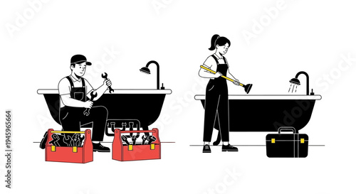 Plumber and cleaner working near bathtubs in a black and white illustration