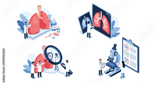 Medical professionals and doctors analyzing lung health and respiratory system using x-ray microscope and patient reports in clinic.