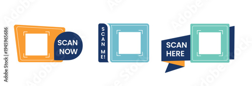 QR scan call-to-action labels with frames and banners. Scan here, scan me and scan now QR code elements. Modern minimal vector templates for mobile apps and websites