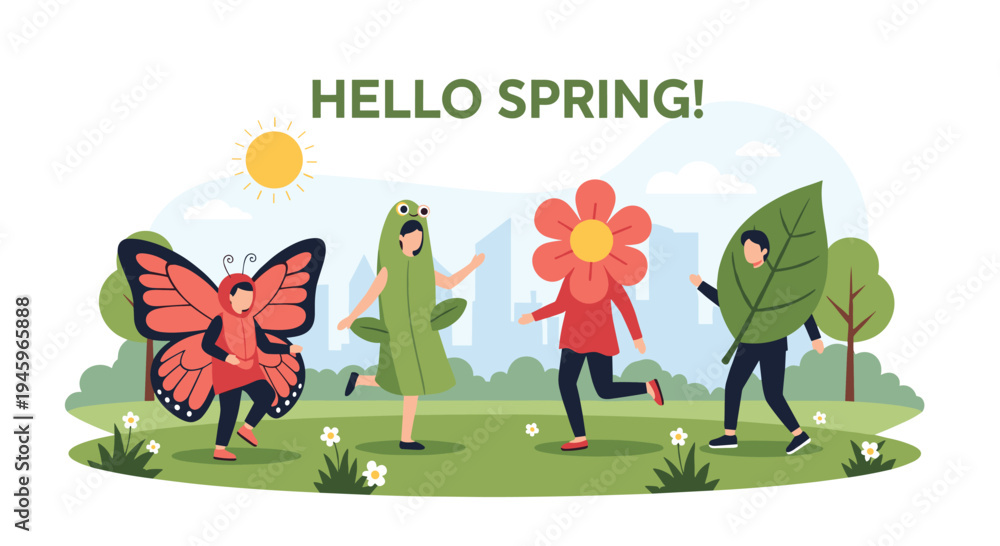 Fototapeta premium Group of happy children wearing colorful spring-themed costumes such as butterfly, flower, and leaf while playing in a green park.