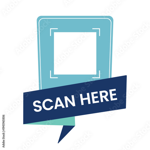QR code scan label with scan here banner and placeholder frame. Modern blue vector template for inserting QR codes in packaging, mobile apps, marketing materials and digital interfaces