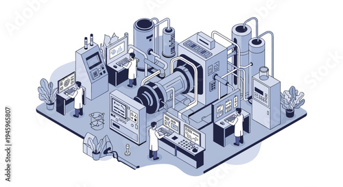 Team of engineers monitoring heavy industrial machinery and production processes on computer screens in modern factory plant.
