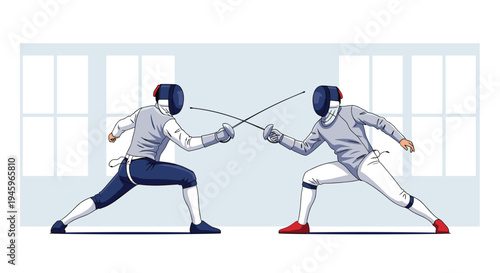 Two fencers in protective gear and masks competing in fencing match in indoor arena with traditional foil weapons.
