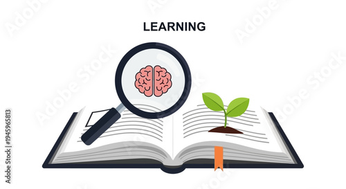 Learning concept with a magnifying glass over a brain and growing plant