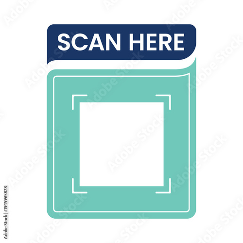 QR code placeholder frame with scan here message. Minimal green vector template for inserting QR code in mobile apps, packaging and marketing materials