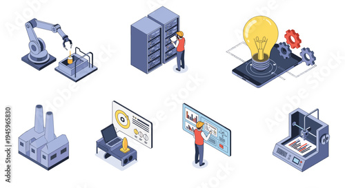 Collection of modern industrial and technology icons including automation robotics energy management and 3d printing for business.