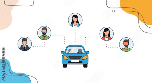 Illustration of people icons connected by dashed lines to a blue car, representing modern carpooling and ride-sharing services.