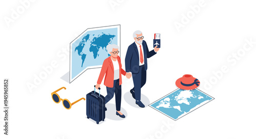Happy elderly couple holding hands and walking with luggage while planning their next international vacation trip around the world.