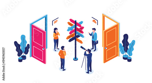 Group of business people standing near multiple directional signposts and open doors while trying to make important career choices.