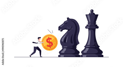 Businessman pushing a large gold dollar coin towards giant chess pieces to illustrate strategic financial investment and market competition.