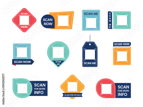 Set of QR code scan badges and labels with call to action messages. Flat vector UI elements for smartphone scanning, digital interaction and website navigation